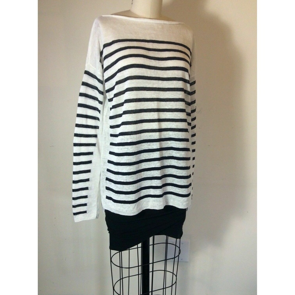 NWT Vince Intarsia Striped 100% Linen Sweater Pullover White/Navy‎ Size S $185